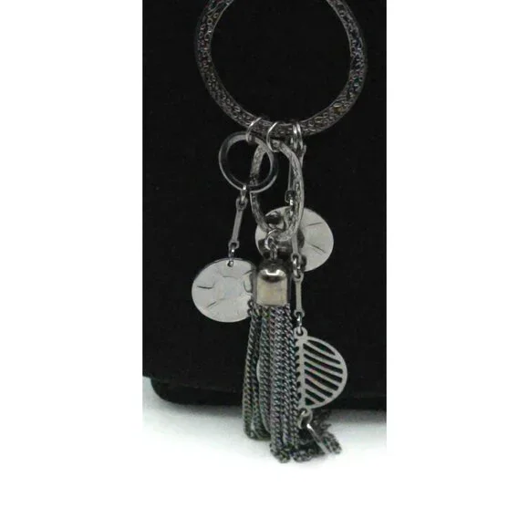 Textured Silver Tone Long Statement Necklace With Layered Coin Pendants & Tassel - Picture 6 of 6